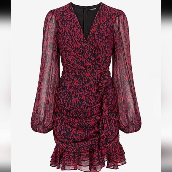 Express Abstract Print Faux Wrap Ruffle Mini Dress Small Red Black Purple - Picture 16 of 16